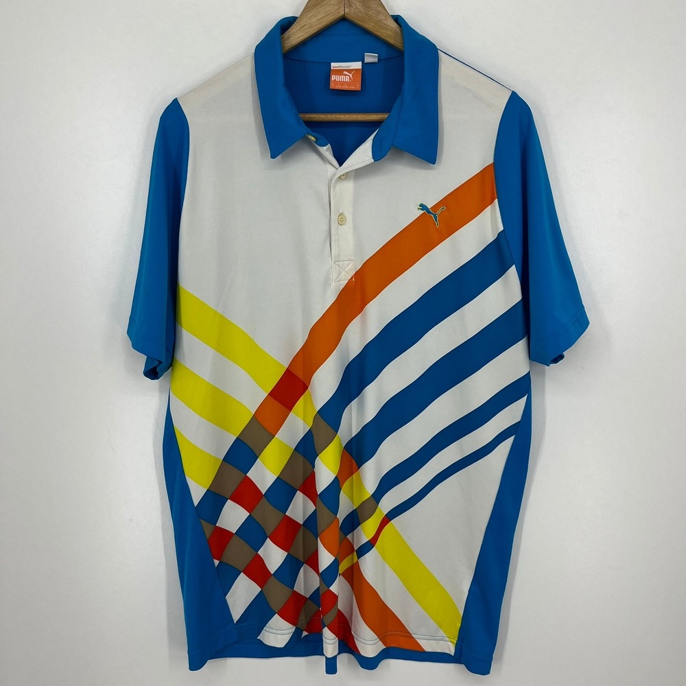Puma Mens Sportlifestyle Polo Shirt Blue Multicolor Geometric Stripe Size L Golf